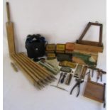 Boots Ascot binoculars, floating dry thermometers, tools, boot hook, Kodak trimming board, cricket
