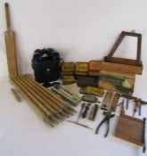 Boots Ascot binoculars, floating dry thermometers, tools, boot hook, Kodak trimming board, cricket