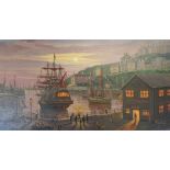 Large oil on canvas depicting Brixham harbour by night by W H Stockman (1935-2021) 102.5cm x 62cm