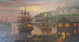 Large oil on canvas depicting Brixham harbour by night by W H Stockman (1935-2021) 102.5cm x 62cm