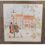 Framed watercolour "Laceby Market Place" by Colin Carr 1980 30cm x 30cm