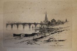 Etching of Perth Bridge by David Young Cameron (1865-1945) 36.5cm x 28cm - some staining /