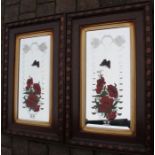 Pair of oak framed decorative mirrors with poppy decoration