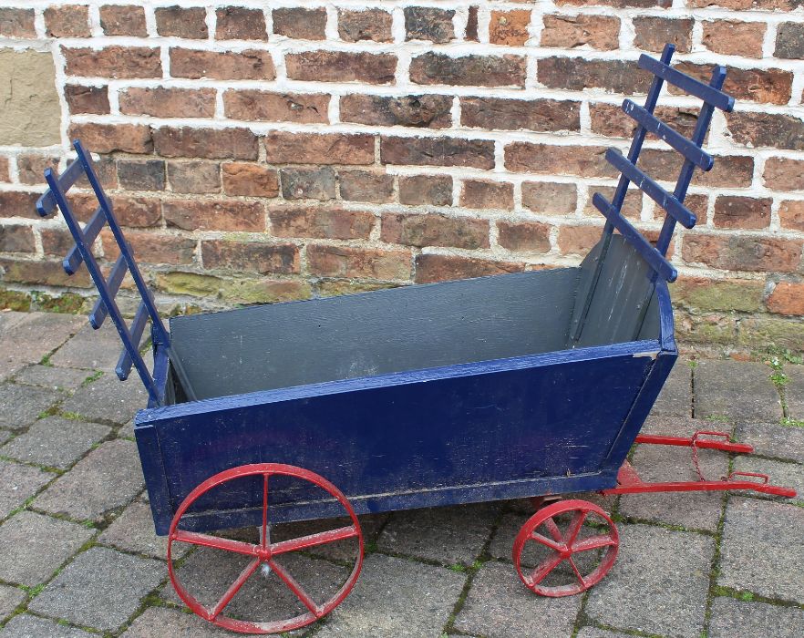 Child's blue wooden cart with iron wheels 65cm x 33.5cm