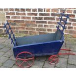 Child's blue wooden cart with iron wheels 65cm x 33.5cm