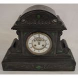 Large Victorian slate mantel clock inset with malachite Ht 37cm L 45cm