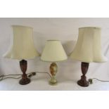 Onyx base table lamp with shade and a pair of wooden base table lamps - all with shades
