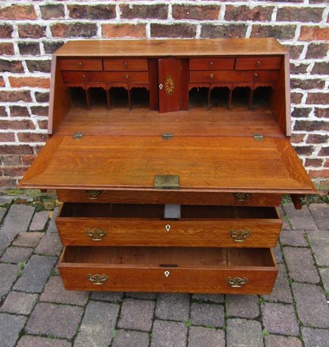 Georgian oak bureau with inner inlaid door L 94cm Ht 100cm D 49cm - Image 2 of 6