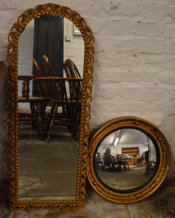 Domed top gilt frame mirror 100cm by 38cm  & a circular mirror Dia. 47cm