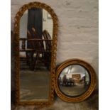 Domed top gilt frame mirror 100cm by 38cm  & a circular mirror Dia. 47cm