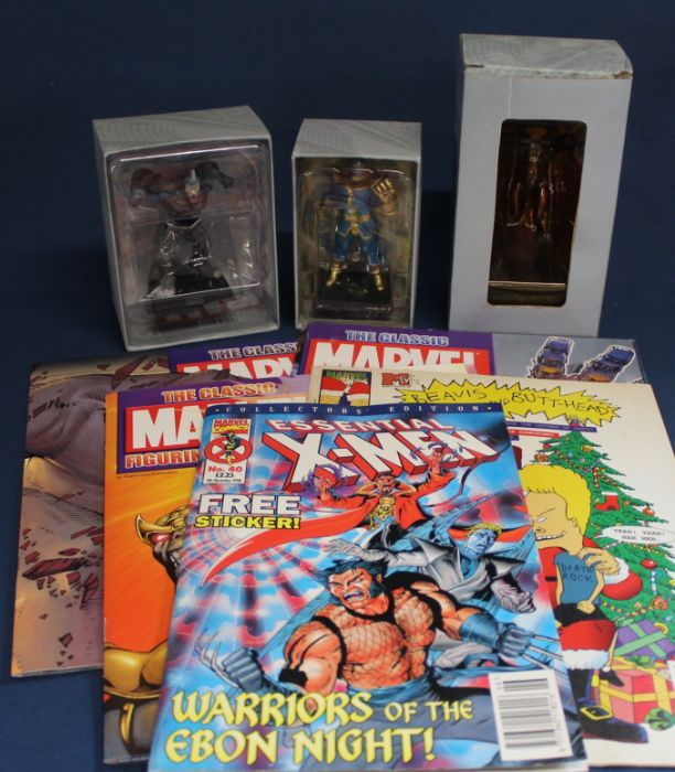 3 lead Eaglemoss Marvel figurines "Thanos" "Rhino" & "Sentinel" & selection of magazines