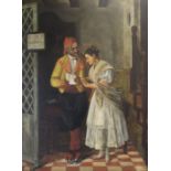 Continental oil on board depicting Spanish dancer & older gentleman, with signature in red (Garret?)