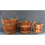 R A Lister & Co coopered bucket 26.5 dia 22.5cm h & 1 other with handle (label faded) 32cm dia