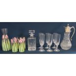 Glass claret jug with silver plated collar / handle, 6 pressed glass champagne flutes, whisky