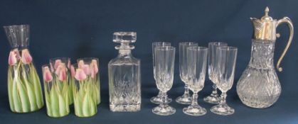 Glass claret jug with silver plated collar / handle, 6 pressed glass champagne flutes, whisky