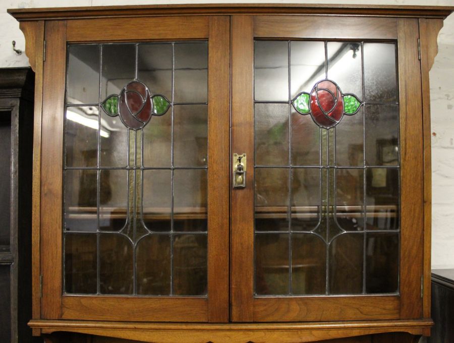 Edwardian mahogany bureau bookcase with lead glazed doors 101.5cm h x 41cm d x 205cm h - Image 2 of 2