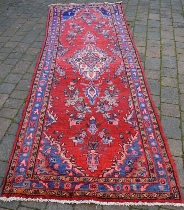 Red ground Persian Hamadan runner carpet 315cm by 108cm