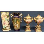 Pair of early 20th century transfer printed & gilded twin handled baluster vases on square