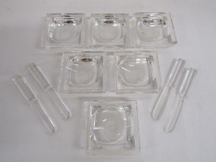 6 crystal individual butter dishes with butter knives (some chipped)