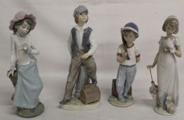 2 Lladro Collectors Society figures - Baseball Player & Girl with Dove and Parasol and 2 Nao
