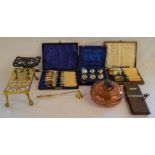 Cased silver plate fish knives and forks, trivets, copper hot water bottle etc