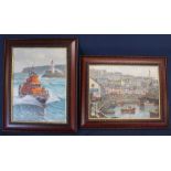 2 oils on canvas in matching frames depicting the Lifeboat near Brixham harbour (42cm x 53cm) and