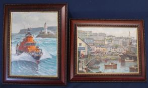 2 oils on canvas in matching frames depicting the Lifeboat near Brixham harbour (42cm x 53cm) and