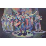 Large framed oil on canvas depicting band and backing singers, by Brian W Hinton (Norfolk 1938 -)