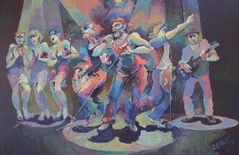 Large framed oil on canvas depicting band and backing singers, by Brian W Hinton (Norfolk 1938 -)