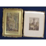 Gilt framed watercolour depicting Continental cathedral interior bearing monogram SP - possibly