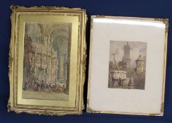 Gilt framed watercolour depicting Continental cathedral interior bearing monogram SP - possibly