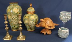 Carved wooden turtle on stand, pair of decorative bird pattern vases, pair of brass candlesticks & 2