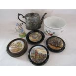 Mounted pot lids - Anne Hathaway, Hide and seek, Dr Johnson and Fishing, a silver plate teapot, Jack