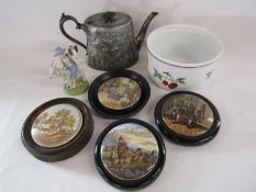 Mounted pot lids - Anne Hathaway, Hide and seek, Dr Johnson and Fishing, a silver plate teapot, Jack