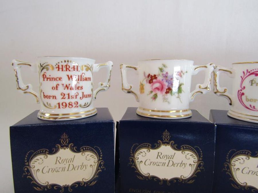 6 Royal Crown Derby miniature commemorative ware twin handled loving cups - Image 2 of 4