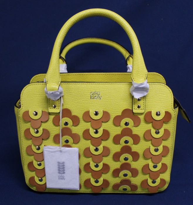 Orla Kiely yellow leather handbag with applique Confetti Flower pattern - unused, with original shop
