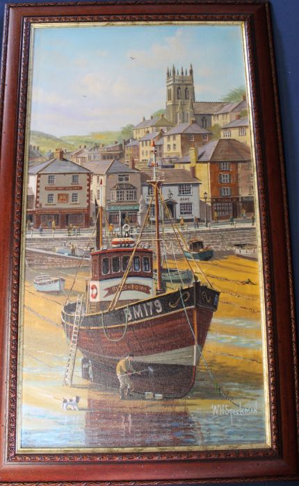 Large oil on canvas depicting Brixham fishing vessel with the harbour behind by W H Stockman (1935- - Image 2 of 2