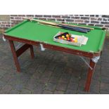 Quarter size snooker table (4ft 6in in length) with folding legs, balls & cues