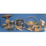 Selection of kitchenalia including jam pan, tongue press, herb choppers, Allsopp's slicer, Avery &