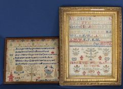 Two framed Victorian samplers by Jane Emily Wilson aged 12 years 1890 43.5c, x 55cm & Frances