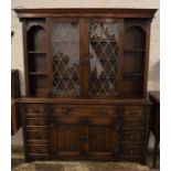 Oak dresser with sliding display cabinets over & linen fold panels L 156cm Ht 185cm