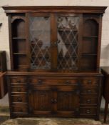 Oak dresser with sliding display cabinets over & linen fold panels L 156cm Ht 185cm