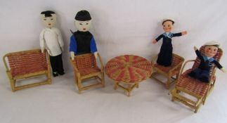 Oriental boy and girl doll, wicker dolls set and HMS Queen Elizabeth and Chusan souvenir dolls