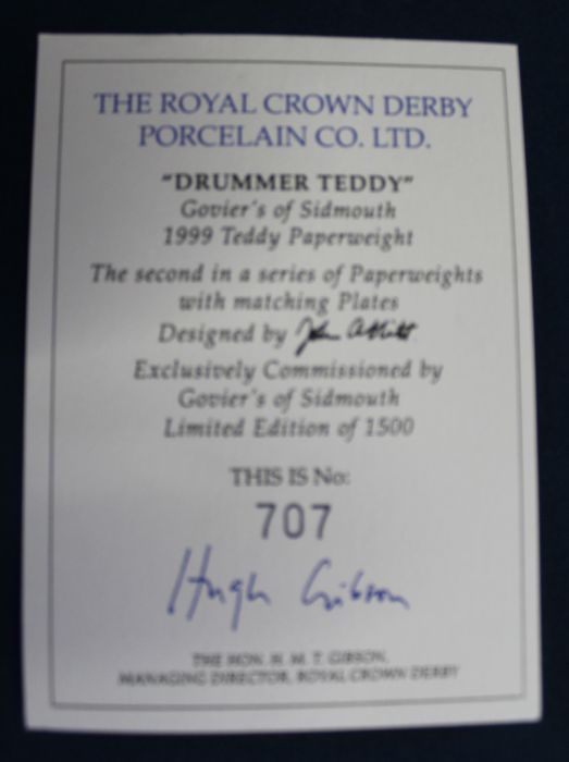 Royal Crown Derby limited edition paperweight "Drummer Teddy" 707/1500 with certificate & box - Image 2 of 2