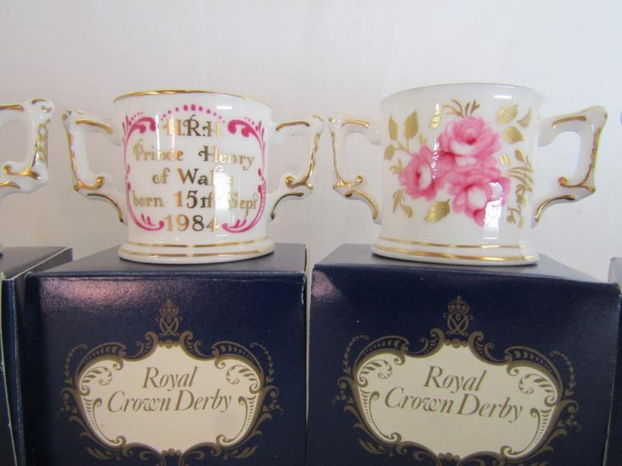 6 Royal Crown Derby miniature commemorative ware twin handled loving cups - Image 3 of 4