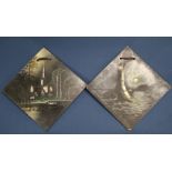 Pair of decorative lacquered papier mache panels with mother of pearl inlay 29cm x 29cm