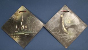 Pair of decorative lacquered papier mache panels with mother of pearl inlay 29cm x 29cm