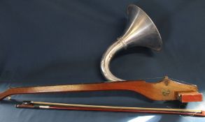 Phonofiddle with aluminium horn and bone peg / inlay, made by A W Howson London with bow