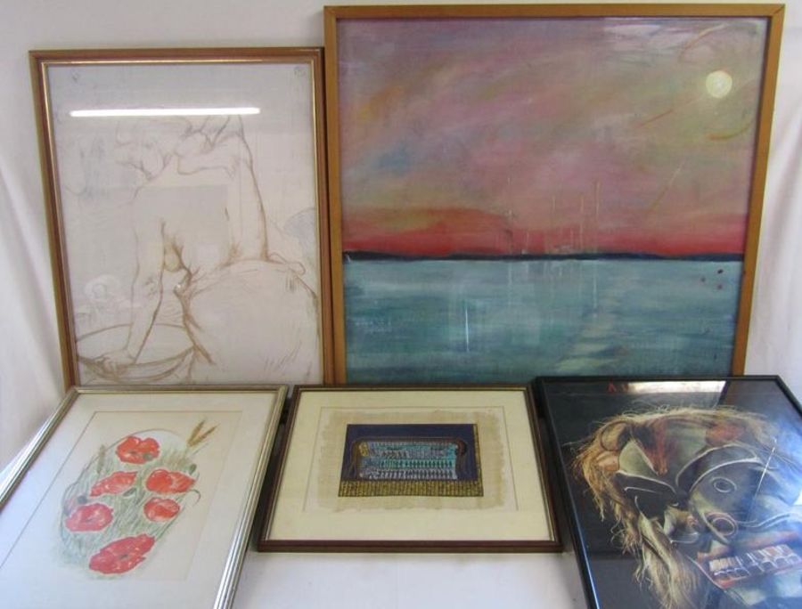 Collection of pictures and prints includes Poppies, Egyptian papyrus art, lady washing print and