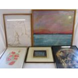 Collection of pictures and prints includes Poppies, Egyptian papyrus art, lady washing print and